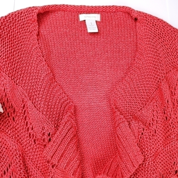 Chicos Red Coral Open Knit Cardigan Sz 1 (U.S. Med / 8) - Picture 6 of 14